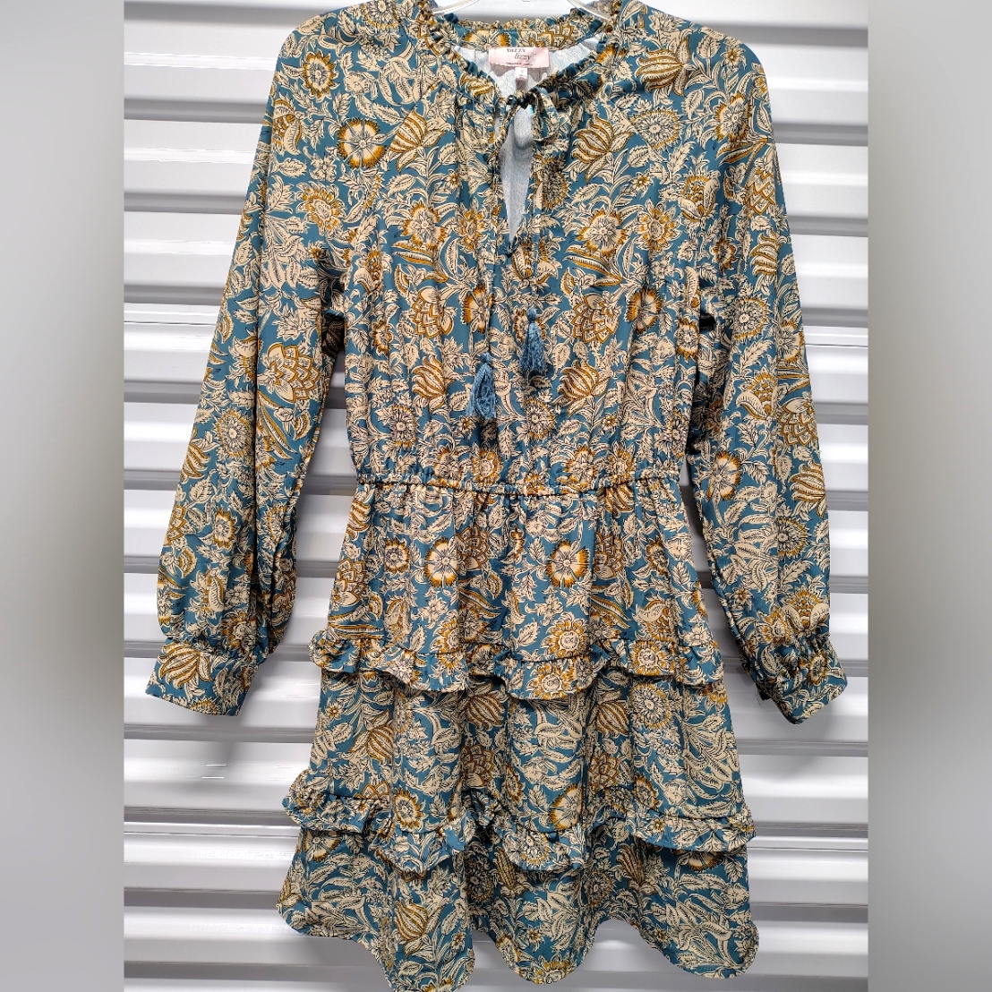 Dizzy Lizzy Paisley Tiered Long Sleeve Mini Dress With Ruffles & Tassels Size S
